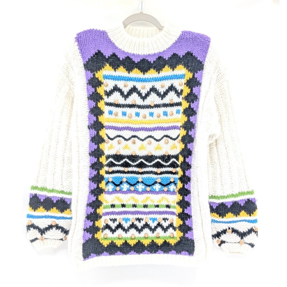 Kitty Hawk Vintage Chunky Wooden Beaded Shoulder Pads Knit Sweater Size Large